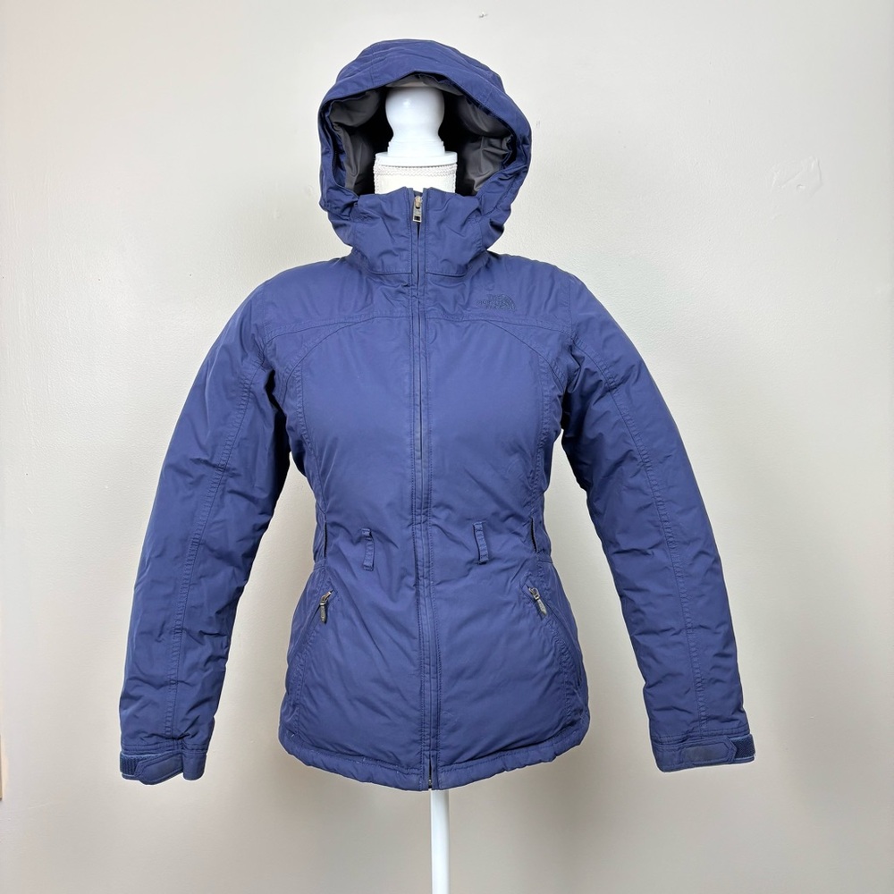The North Face Coat Womens Small Blue‎ Hyvent Goose Down Hooded Full Zip Puffer